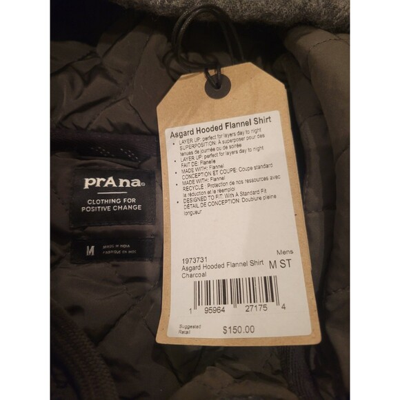 New prAna Men Asgard Hooded Flannel Shirt Jacket Wool Blend Shacket MED Charcoal - Picture 8 of 11